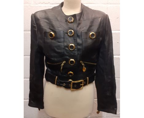 A Jean Paul 'Couture' soft black leather bomber jacket having gold tone zips, buckles and heart charms, UK size 8, 4 front po
