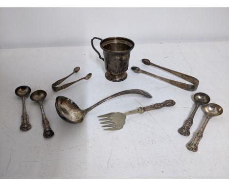 Silver items to include two George Adams Victorian King's pattern mustard spoons, a Dennison christening mug Birmingham 1936,