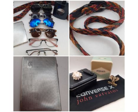 Mixed fashion sunglasses and reading glasses, a vintage coloured leather twist belt, a silver plated cigarette case and a par