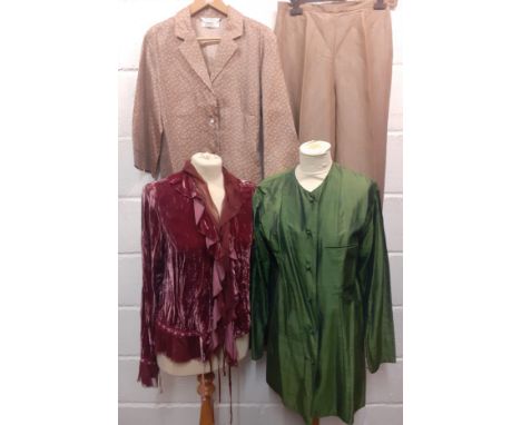 Issey Miyake- A green silk mix blouson jacket with silk knot buttons 36" chest together with a Kadra dusty pink brushed velou