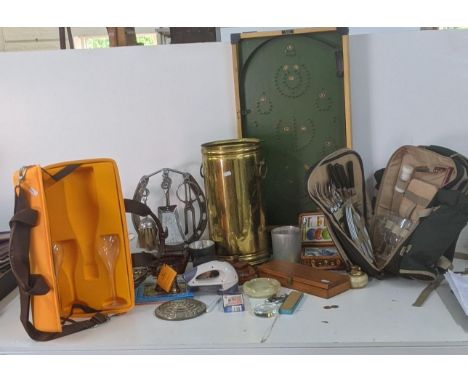 A mixed lot to include silver plated items, a vintage bagatelle pin board, Domino set and others, a picnic hamper and a Veuve