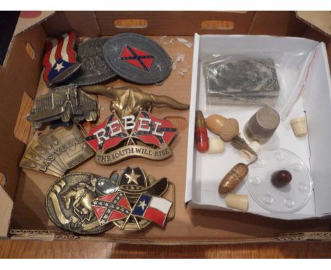 Nine American themed belt buckles with 4 Chinese silver good luck Thanka Amulet bars together with a group of sewing related 