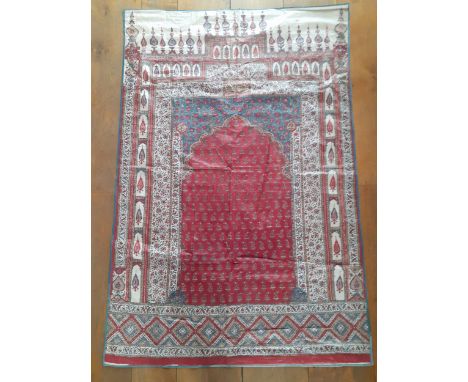 A late 19th Century  Kalamkari South East Indian block print panel/prayer mat in printed and dyed cotton, the central mihrab 