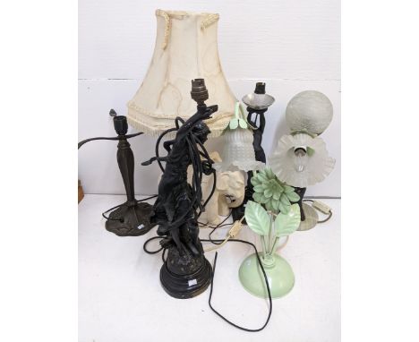 Lighting equipment to include three lamps made from composite material, two in the shape of figures, one brass, another metal