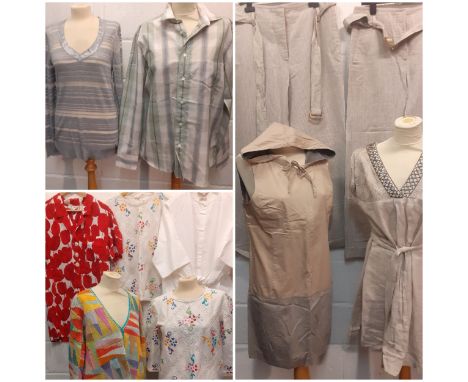 A quantity of ladies clothing to include an Intropia white embroidered dress and matching blouse, European size 42, a George 