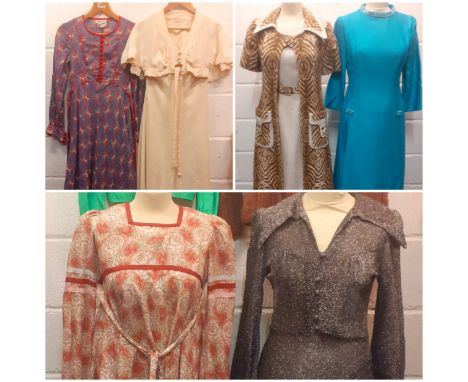 A quantity of 1960's/70's ladies clothing to include a Ann Reeves & Co pink floral Summer dress 32" chest, a full length grey