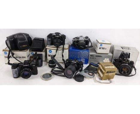 Mixed cameras and accessories to include an Olympus OM-2, Olympus OM10, Minolta 9000, Nikkormat EL, Bell & Howell lens, and o