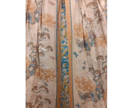 Three pairs of late 20th Century triple pleat curtains having a Oriental theme with images of peacocks and Feilong cloud drag