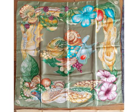Gucci-A vintage Gucci silk scarf depicting images of a vegetable garden, game and insects on a green ground with hand-rolled 