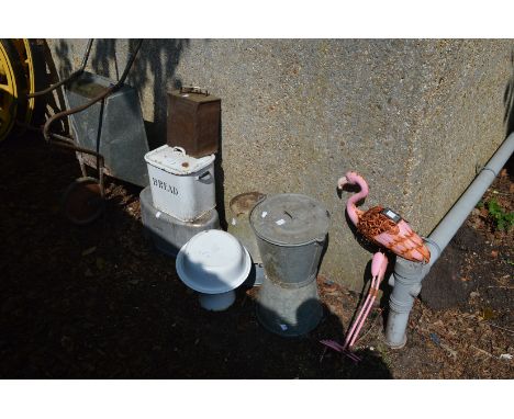 A galvanised wheelbarrow, galvanised buckets, bread bin etc.