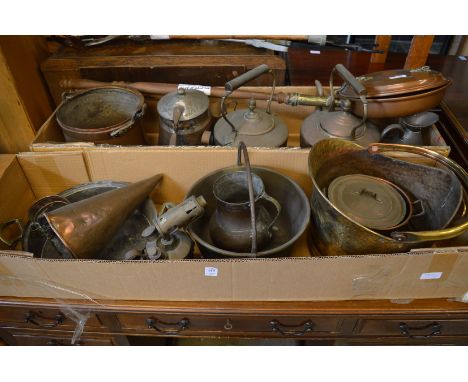 Quantity of metalware to include bed warming pan, coal scuttle, preserve pan, copper kettles etc.