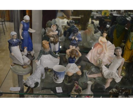 A group of Royal Copenhagen figures, a small beaker together with a Nao ballerina and a Royal Doulton figurine, The Polka.