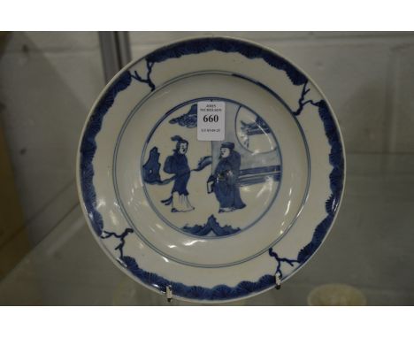 Chinese blue and white plate decorated with figures.