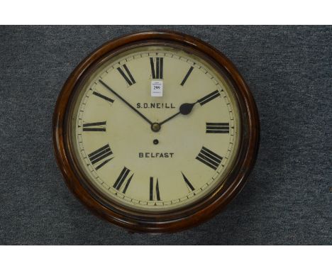 A Victorian circular mahogany cased wall clock with fusee movement, the circular dial signed S D Neill, Belfast.