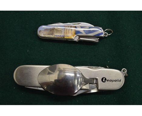 A camping knife, fork and spoon set and another multi-knife.