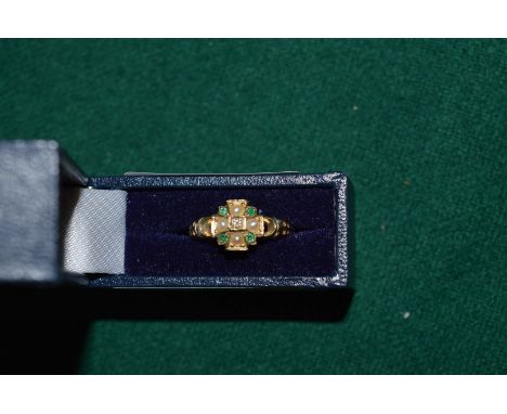 A 9ct gold, emerald and pearl ring.
