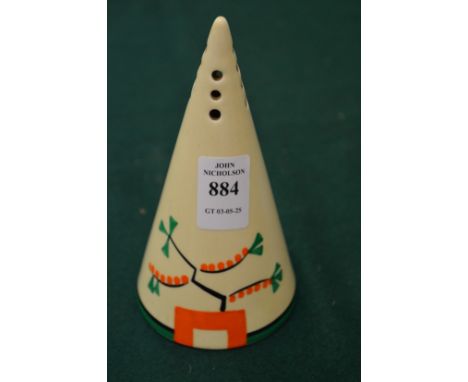 A Clarice Cliff Bizarre conical shaped sugar shaker.