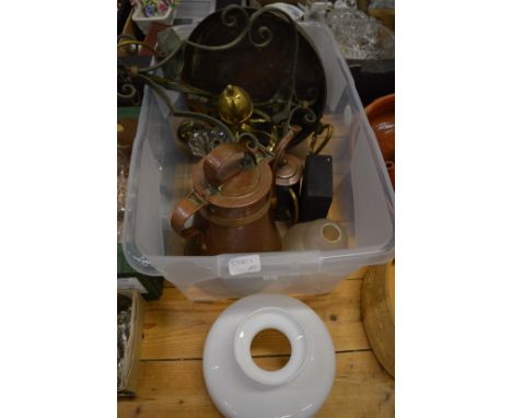 An engraved copper lidded jug and other metalware etc.