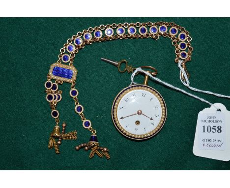 A very good gold, enamel and seed pearl pocket watch with matching fob chain.