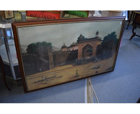 Indian School, figures by a fort, mixed media.