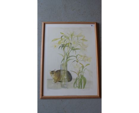 An Elizabeth Blackadder signed print, 91/350. Frame size 85cm x 63cm. Some damage to frame otherwise good condition 
