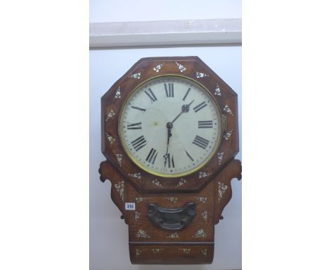 A 19th century, 8 day, Rosewood wall clock with birds and flowers, inlaid with mother of pearl, drop shoulder fusee movement.