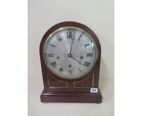 A mahogany 3 train striking and chiming mantle clock, 36cm tall running and chimes - no key - case in good condition 