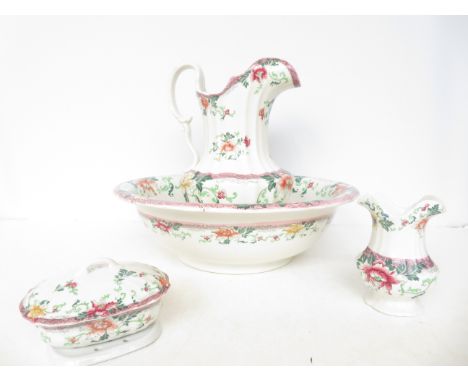 Early cauldon wash jug &amp; basin together with brush holder &amp; lidded soap dish 