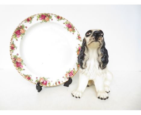Large royal Albert old country rose plate together with a ceramic spaniel 