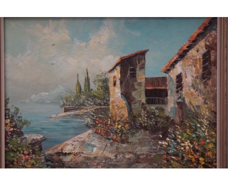 Oil on board continental scene signed R Thrower 