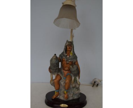 Resin lamp depicting native american &amp; wolves 
