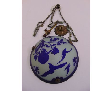Lemiere acid etched circular light shade with stylised birds, flowers and leaves to include brass suspensory chains
