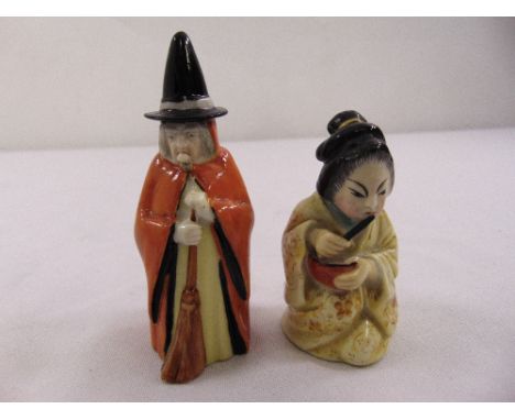 Two Royal Worcester miniature figurines a Geisha and an old lady with pointed hat and broom