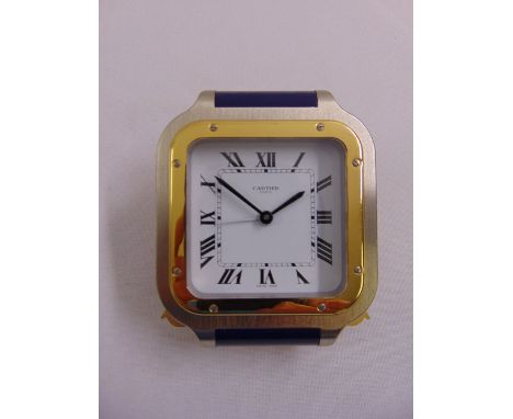 Cartier quartz travel clock, white enamel dial with Roman numerals
