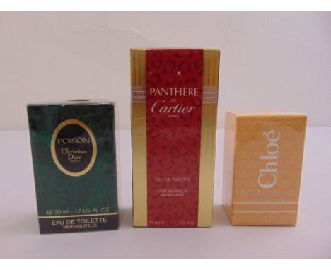 Three bottles of Eau de Toilette to include Christian Dior Poison, Cartier Panthere and Chloe