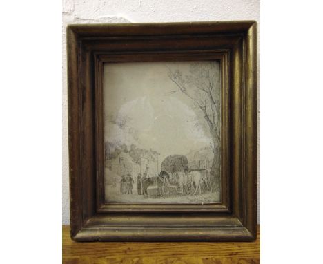 John Sell Cotman framed and glazed preliminary pencil sketch titled Village Scene, label to verso, 19 x 16cm