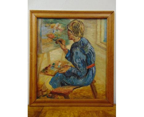 Elvic Steele framed oil on panel The Artist at her Easel, signed to verso, 52 x 44.5cm