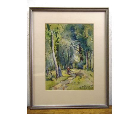 R Miquels framed and glazed watercolour of a figure on a country path, 27.5 x 20cm