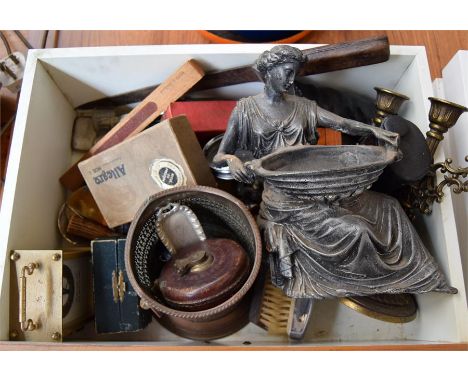 A mixed lot to include mantel clock, candelabra, magnifying glass, corkscrew, cigarette lighters, and other interesting thing