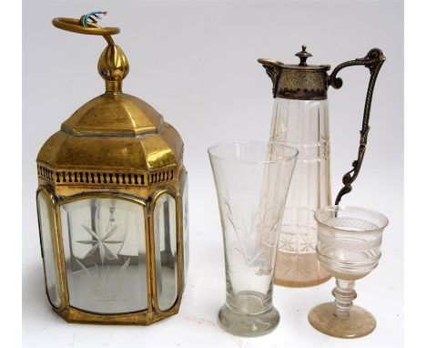 A mixed lot to include brass and glass hanging light, two drop tier chandeliers, a metal topped decanter, backgammon set, a v