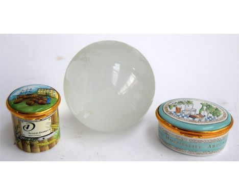 Two Allied Domecq trinket boxes and an etched glass paperweight