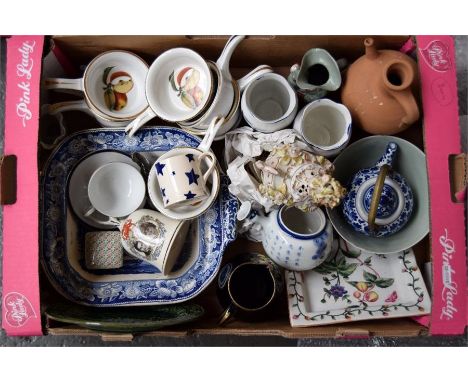 A large quantity of ceramics including an Emma Bridgewater mug, Royal Worcester ramekins (8), and Oriental teapot and lid wit
