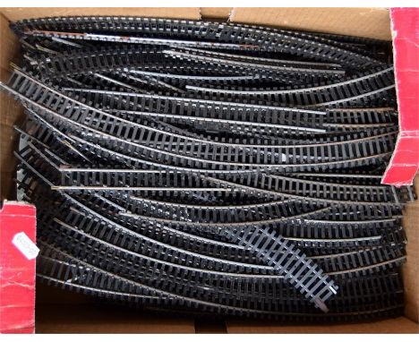 A quantity of Hornby model railway 00 gauge track in mixed lengths, various curves and straights, approximately 140 pieces