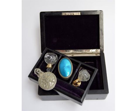 Mixed Lot to include small, silver metal, blue enamel pill box, two miniature scent bottles and one other box in a wooden jew