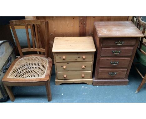 An oak stick back occasional chair with cane seat, together with a small pine bedside table of three drawers, and a small che