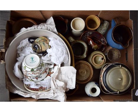 A box of ceramics to include a T G Green mixing bowl, Baron Barnstaple jug, ceramic biscuit barrel, and other items