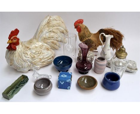 A box of mixed glass and ceramic items to include Wade, together with a large ceramic chicken