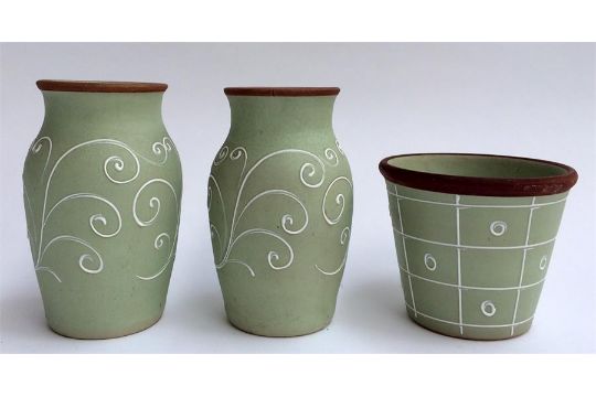 A Pair Of Denby Stoneware Green Glazed Vases With White Piped