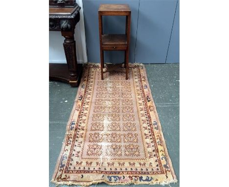 A stained oak lamp table with undershelf and drawer, 31x30.5x76.5cmH, together with a small runner rug