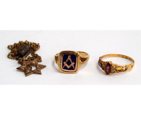 A 9ct gold masonic ring, 6.17g, a 9ct gold star of David pendant on chain, and a 15ct gold ring, gross weight 1.72g, together